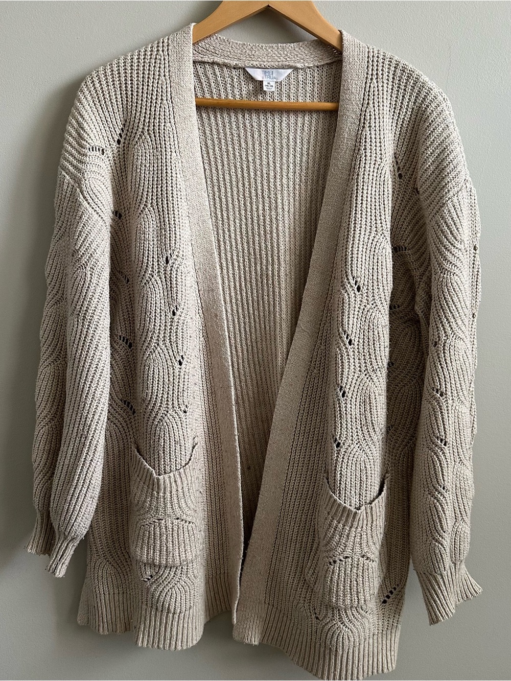 Time and True Oatmeal Cable Knit Open Front Cardigan Sweater XL